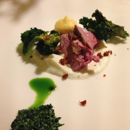 Blåhammaren sep 2014_9 8 timmars älg i 60 grader t 53 grader svartkålspesto, kålrotspure grönkålschipsjordärtsskockspure och havtornssmul